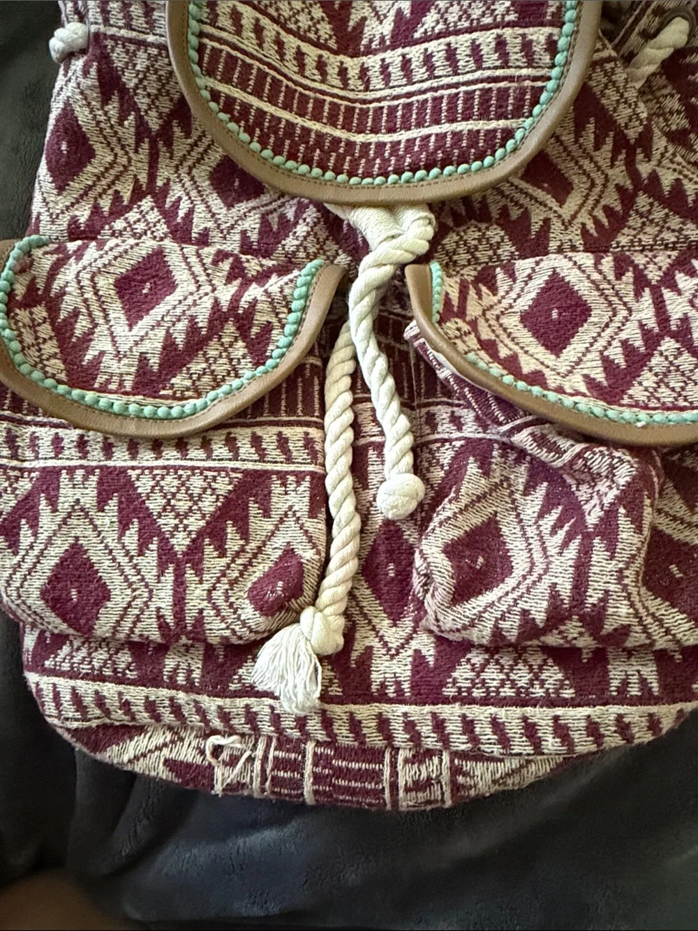 EARTHBOUND Burgundy and Cream Aztec Drawstring Backpack with Teal Trim